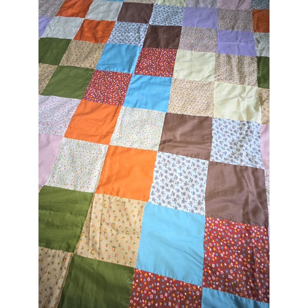 70 X 90 Colorful Twin VINTAGE HANDMADE QUILT TOP Floral Cottage Core Project